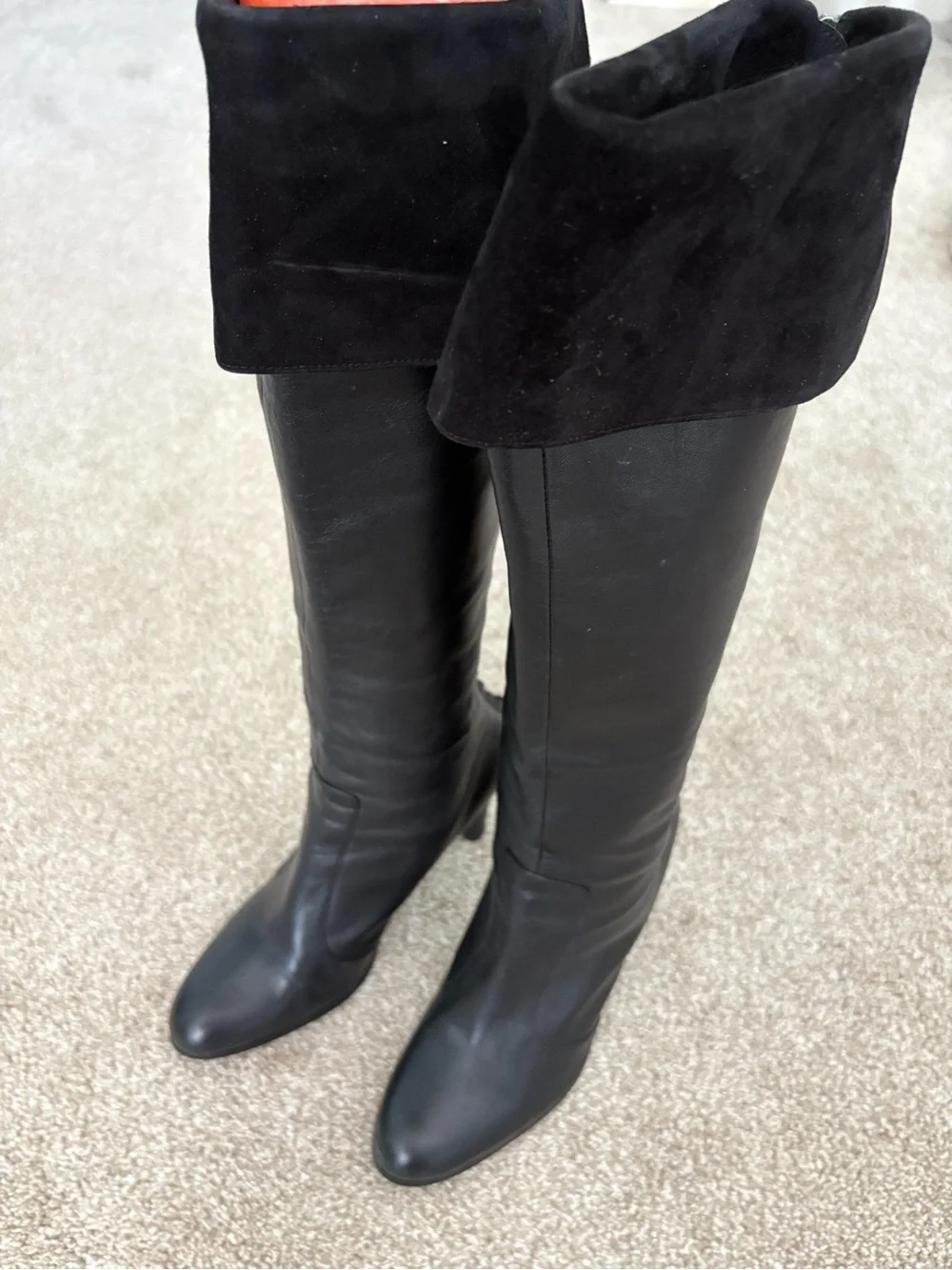 Lauren‎ Ralph Lauren Black Leather Knee-High Heeled Boots Suede Trim Size 7M